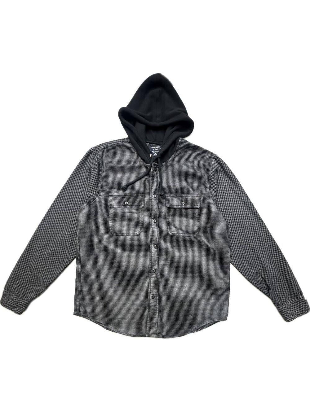 Abercrombie & Fitch Mens XL Hooded Flannel Shirt Black Gray Check Button Up